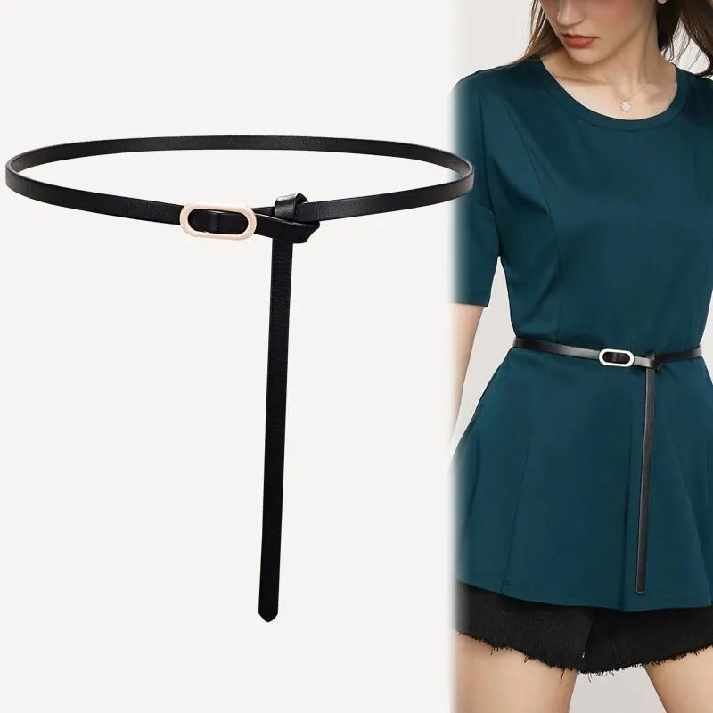 Curea subțire din piele naturală pentru rochie, două straturi de piele de vită, cataramă din aliaj