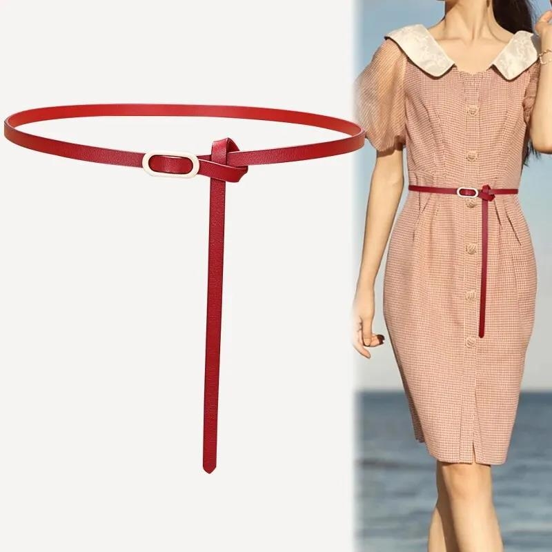 Curea subțire din piele naturală pentru rochie, două straturi de piele de vită, cataramă din aliaj