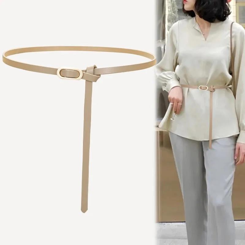 Curea subțire din piele naturală pentru rochie, două straturi de piele de vită, cataramă din aliaj