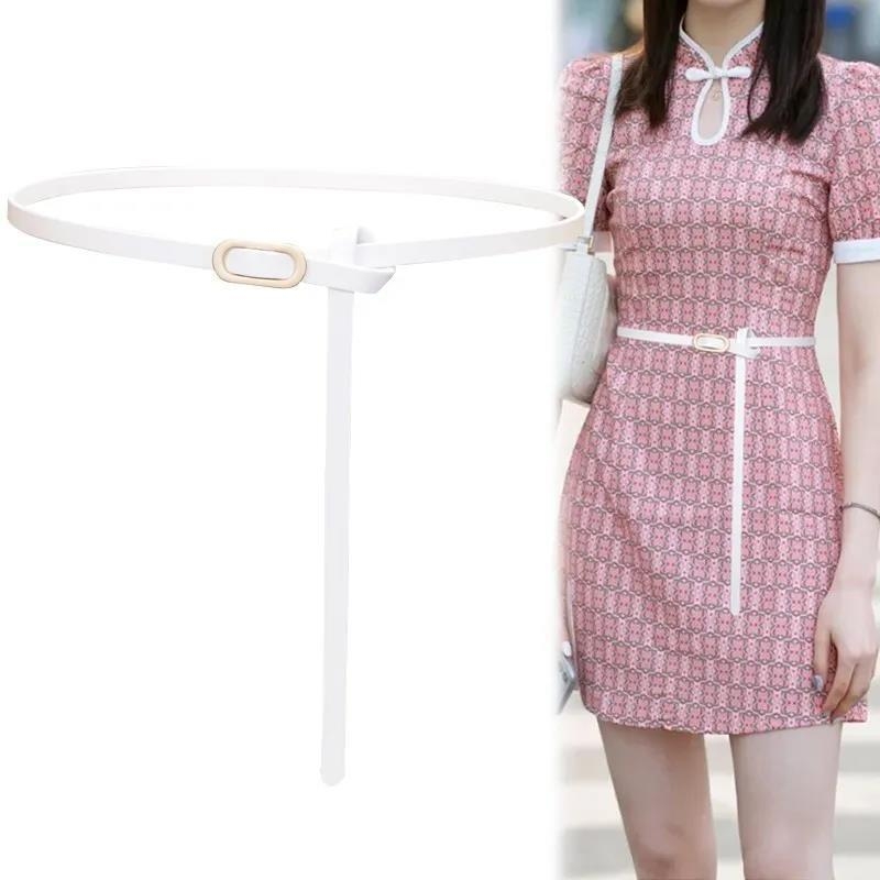 Curea subțire din piele naturală pentru rochie, două straturi de piele de vită, cataramă din aliaj