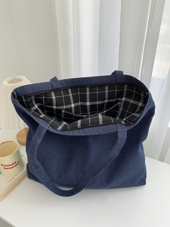 Denim tote torba – svakodnevna upotreba, horizontalni kvadratni oblik, zatvarač, podstava poliester-bavlna, unutarnji džepovi za telefon i ID, dvostruke ručke