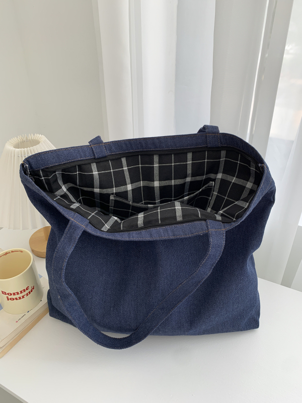Denim tote torba – svakodnevna upotreba, horizontalni kvadratni oblik, zatvarač, podstava poliester-bavlna, unutarnji džepovi za telefon i ID, dvostruke ručke