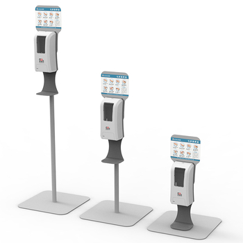 Dispenser automat de săpun pe stâlp reglabil înălțime, cu dulap mobil; materiale: aliaj de aluminiu, acrilic, aliaj de zinc; greutate: 4,5 kg; finisare: emailare la cuptor