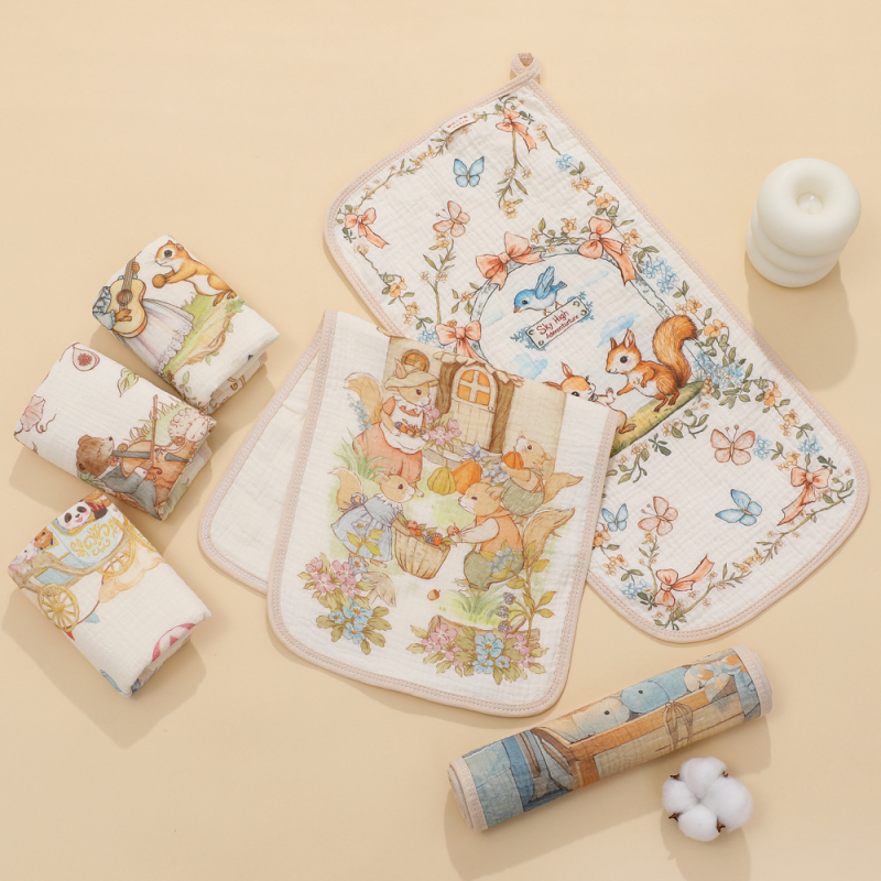 Dječja maramica za pljuvanje — Cartoon uzorak, gaze tkanina, pamuk, upija vodu, Klasa A