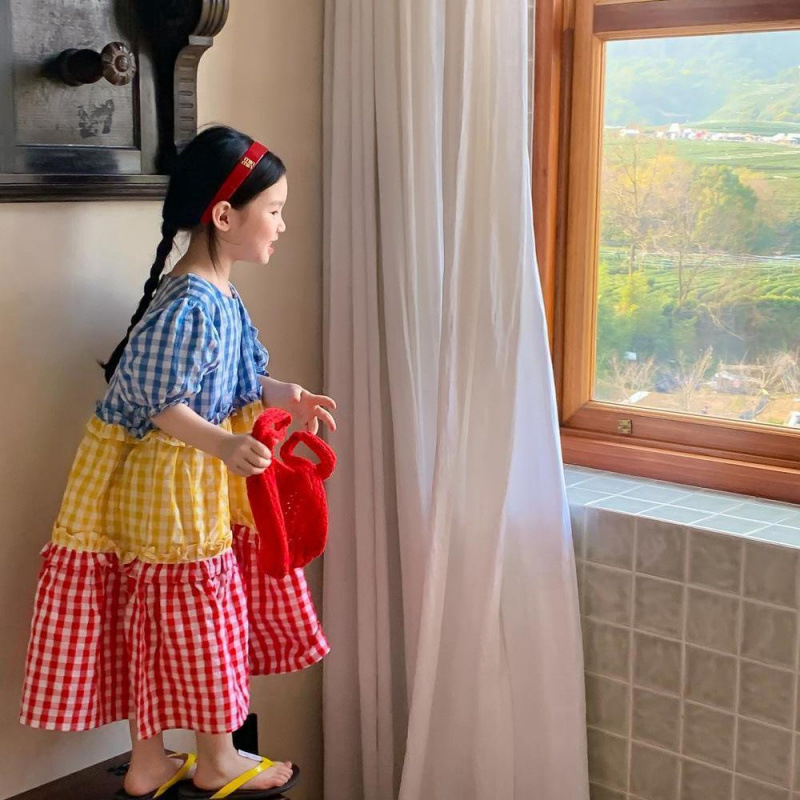 Dječje ljetne haljine od pamuka s kariranim uzorkom, puff rukavima, princese stil, za djecu stariju od 8 godina