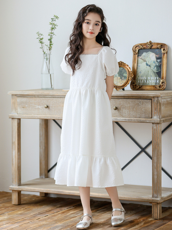 Djevojačka haljina u korejskom stilu s čipkastim ovratnikom, A-linijski kroj, 100% poliester, ljeto 2024