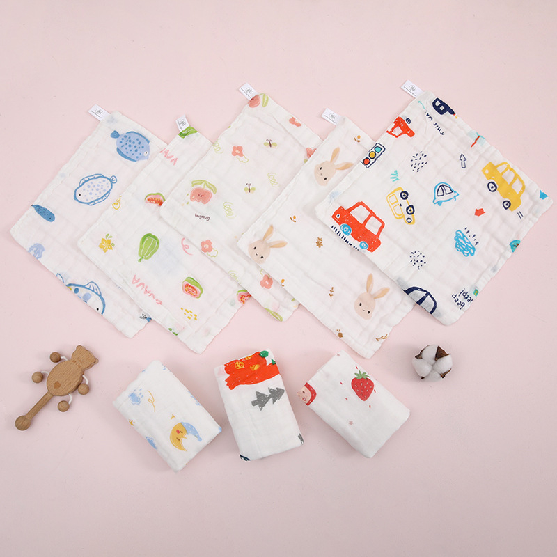 Βρεφική τετράγωνη πετσέτα γάζας, έξι στρώσεις υψηλής πυκνότητας βαμβάκι, εκτύπωση με καρτούν, απορροφητική, με κρίκο, για βρέφη και νήπια (1–3 ετών)