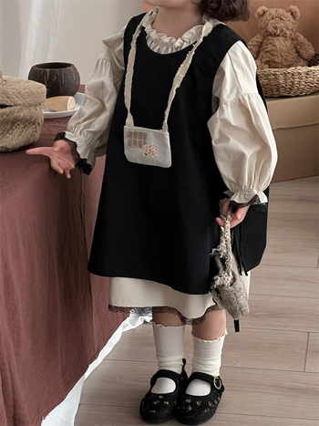 Детска рокля в корейски стил с дълги ръкави и дантелена кант, двукомпонентен комплект, 100% памук, за деца 1-3 г, есен 2024, А-образна кройка