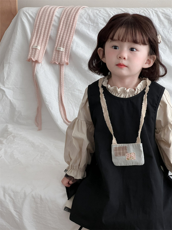 Детска рокля в корейски стил с дълги ръкави и дантелена кант, двукомпонентен комплект, 100% памук, за деца 1-3 г, есен 2024, А-образна кройка