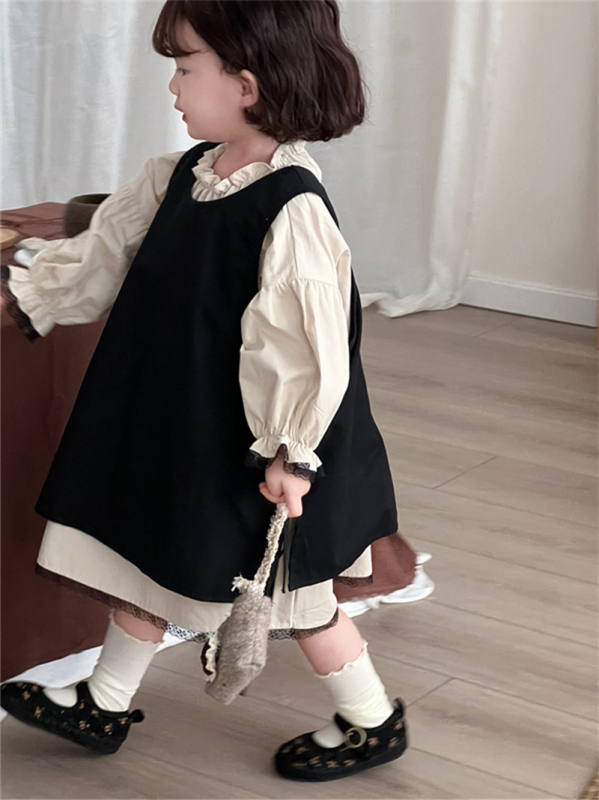 Детска рокля в корейски стил с дълги ръкави и дантелена кант, двукомпонентен комплект, 100% памук, за деца 1-3 г, есен 2024, А-образна кройка