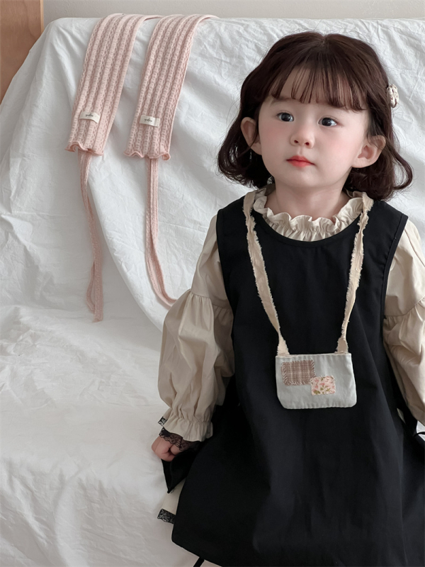 Детска рокля в корейски стил с дълги ръкави и дантелена кант, двукомпонентен комплект, 100% памук, за деца 1-3 г, есен 2024, А-образна кройка