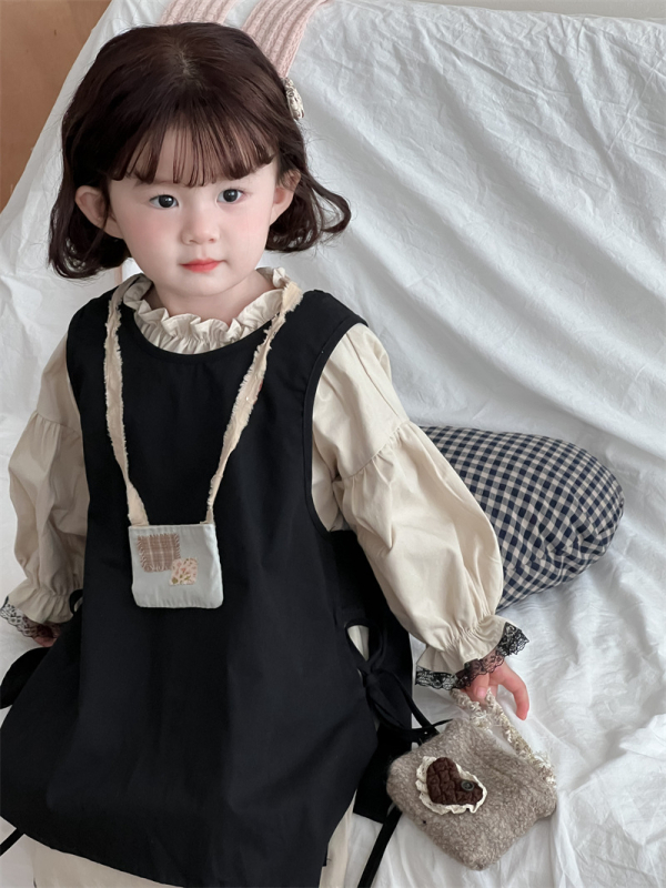 Детска рокля в корейски стил с дълги ръкави и дантелена кант, двукомпонентен комплект, 100% памук, за деца 1-3 г, есен 2024, А-образна кройка