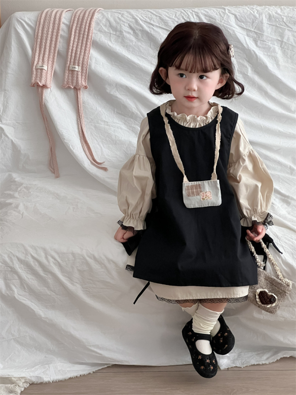 Детска рокля в корейски стил с дълги ръкави и дантелена кант, двукомпонентен комплект, 100% памук, за деца 1-3 г, есен 2024, А-образна кройка