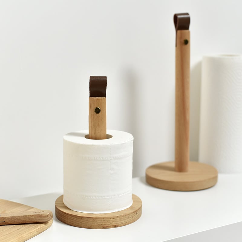 Držač rola papira s kožnim umetkom, drveno tijelo, model XL-056143, moderni minimalistički stil, višenamjenski kuhinjski organizator