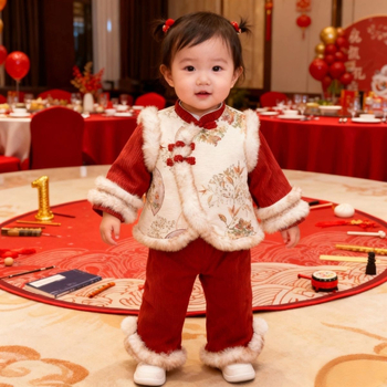 Dvije dijelni set za bebu djevojčicu, bez rukava, kratke hlače, kordurojni materijal s krznom z zajca, za novorođenčad 0–1 godina, kineski Tang stil odijela