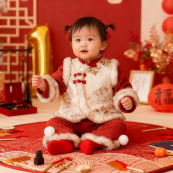 Dvije dijelni set za bebu djevojčicu, bez rukava, kratke hlače, kordurojni materijal s krznom z zajca, za novorođenčad 0–1 godina, kineski Tang stil odijela