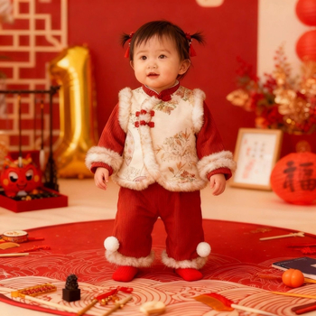 Dvije dijelni set za bebu djevojčicu, bez rukava, kratke hlače, kordurojni materijal s krznom z zajca, za novorođenčad 0–1 godina, kineski Tang stil odijela