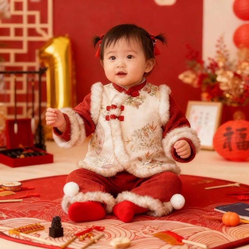 Dvije dijelni set za bebu djevojčicu, bez rukava, kratke hlače, kordurojni materijal s krznom z zajca, za novorođenčad 0–1 godina, kineski Tang stil odijela