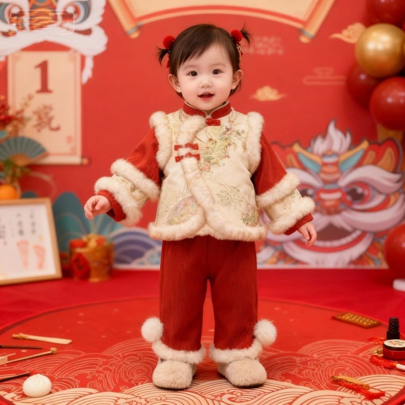 Dvije dijelni set za bebu djevojčicu, bez rukava, kratke hlače, kordurojni materijal s krznom z zajca, za novorođenčad 0–1 godina, kineski Tang stil odijela
