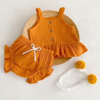 Детски костюм със презрамки в корейски стил за лято, без ръкав, 100% памук