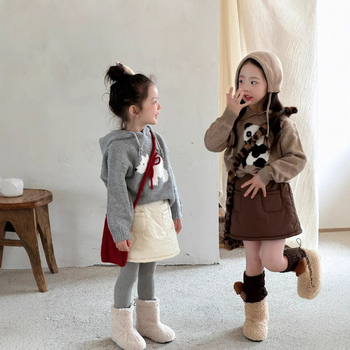 Детска пола за момичета с набивана памук-смесена материя, А-образна линия, зимна, еднотонен модел, подплата полиестер 81-90%