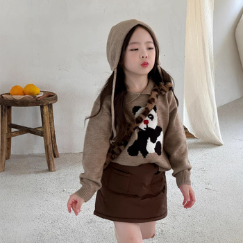 Детска пола за момичета с набивана памук-смесена материя, А-образна линия, зимна, еднотонен модел, подплата полиестер 81-90%