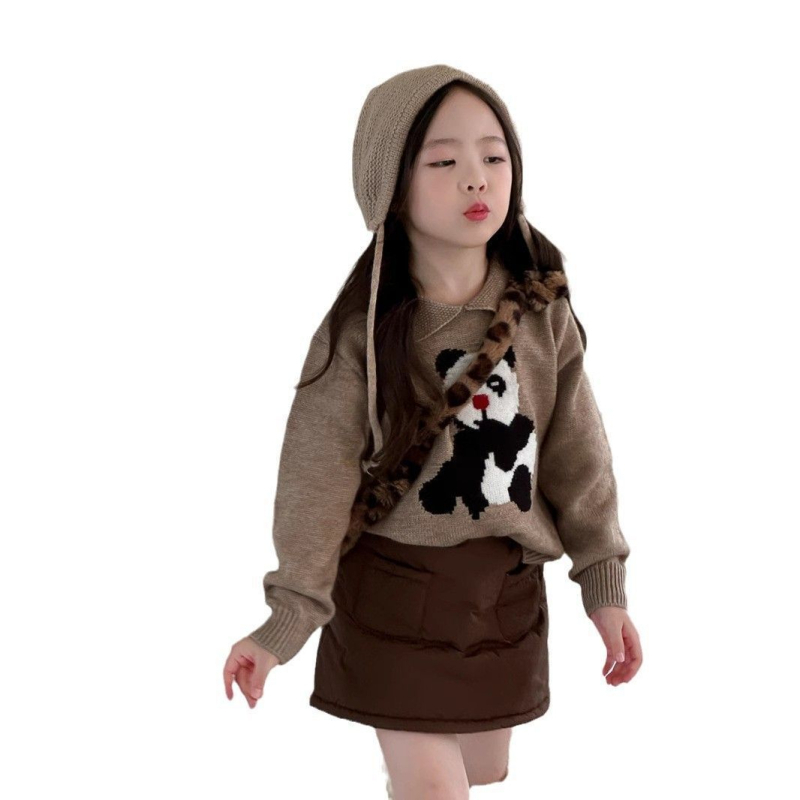 Детска пола за момичета с набивана памук-смесена материя, А-образна линия, зимна, еднотонен модел, подплата полиестер 81-90%