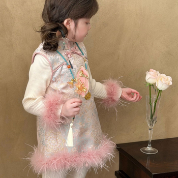 Детска рокля с презрамки в китайски стил, полиестер, за момичета 3–8 години, зима 2025