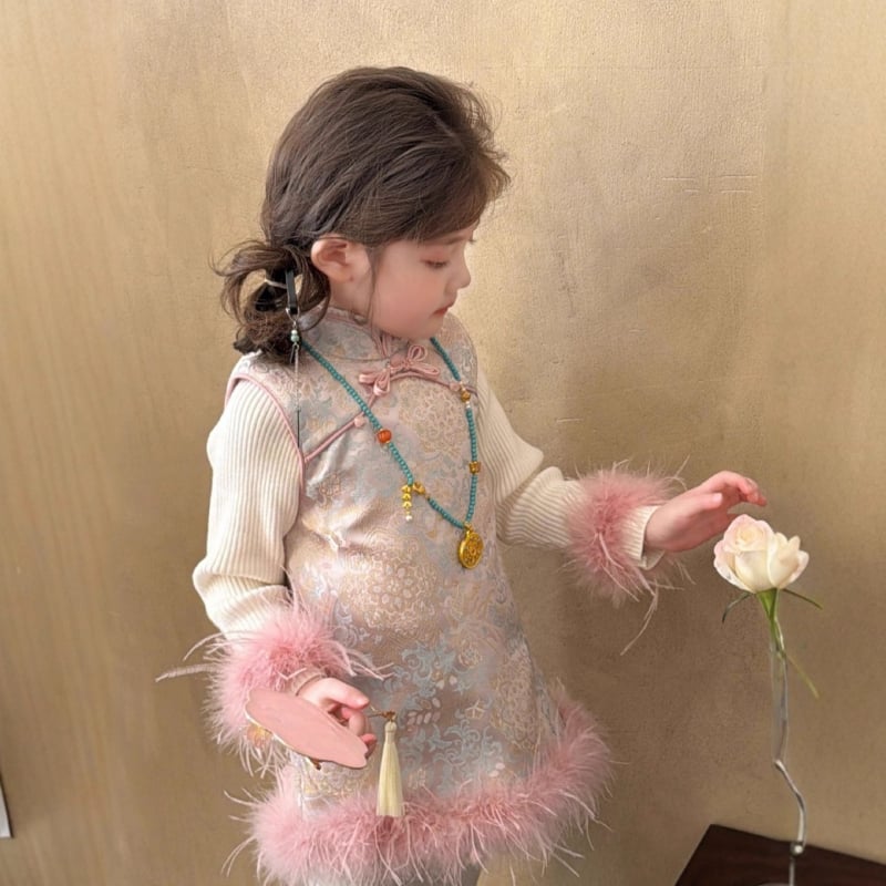 Детска рокля с презрамки в китайски стил, полиестер, за момичета 3–8 години, зима 2025