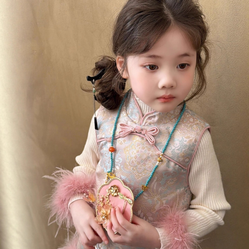 Детска рокля с презрамки в китайски стил, полиестер, за момичета 3–8 години, зима 2025