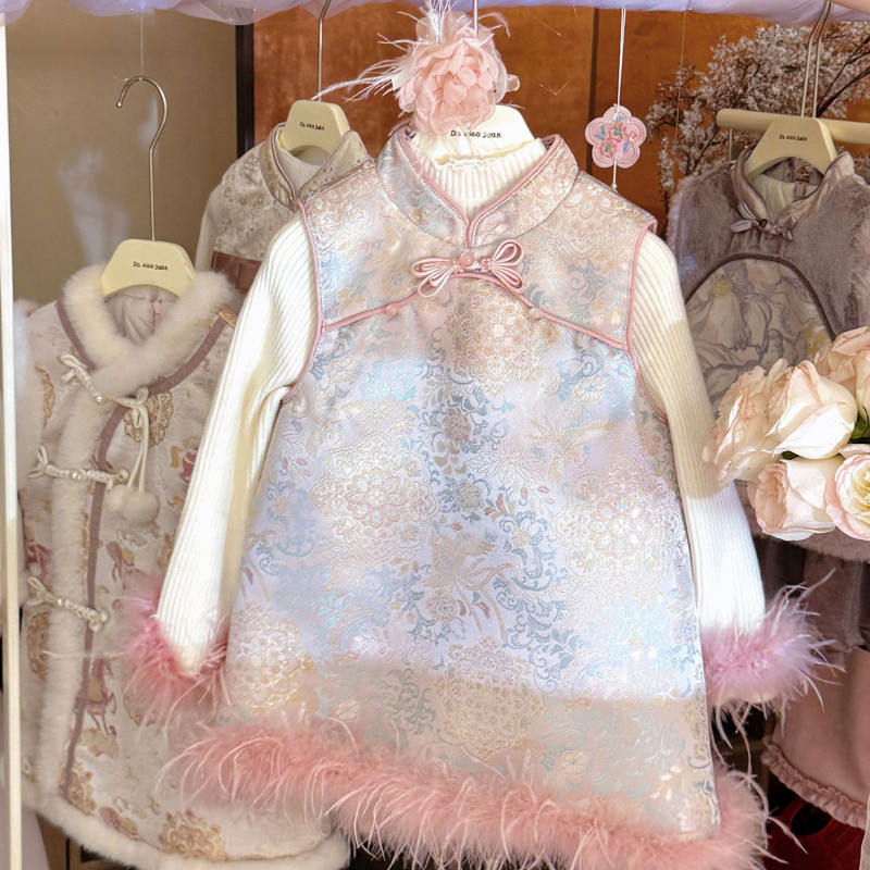 Детска рокля с презрамки в китайски стил, полиестер, за момичета 3–8 години, зима 2025