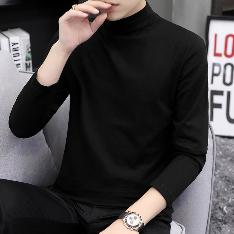 Muška pamučna majica s dugim rukavima i visokim ovratnikom, slobodnog kroja, jednobojna (pamuk; dugi rukavi; visok ovratnik; slobodan kroj; jednobojna)