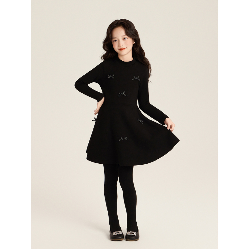 Djevojačka haljina u Hepburn stilu s dugim rukavima i mašnicom, A-linijski kroj, zima 2025