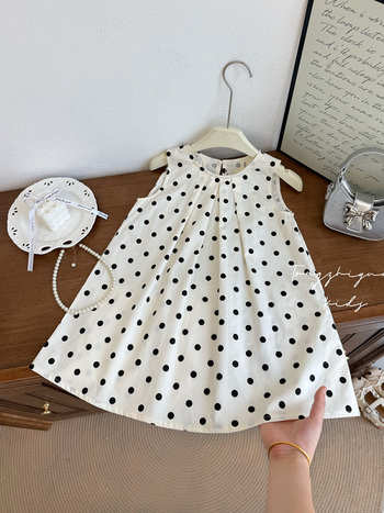 Детска лятна рокля за момичета от 100% памук, без ръкави, с точкова шарка, принцес стил, за възраст 3–8 г., пролет 2024.