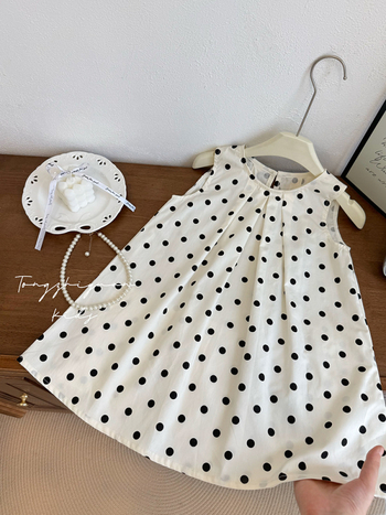 Детска лятна рокля за момичета от 100% памук, без ръкави, с точкова шарка, принцес стил, за възраст 3–8 г., пролет 2024.