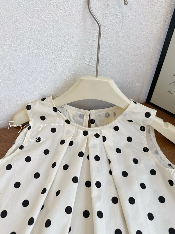 Детска лятна рокля за момичета от 100% памук, без ръкави, с точкова шарка, принцес стил, за възраст 3–8 г., пролет 2024.