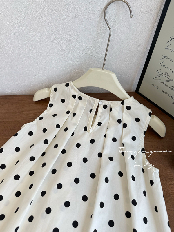Детска лятна рокля за момичета от 100% памук, без ръкави, с точкова шарка, принцес стил, за възраст 3–8 г., пролет 2024.