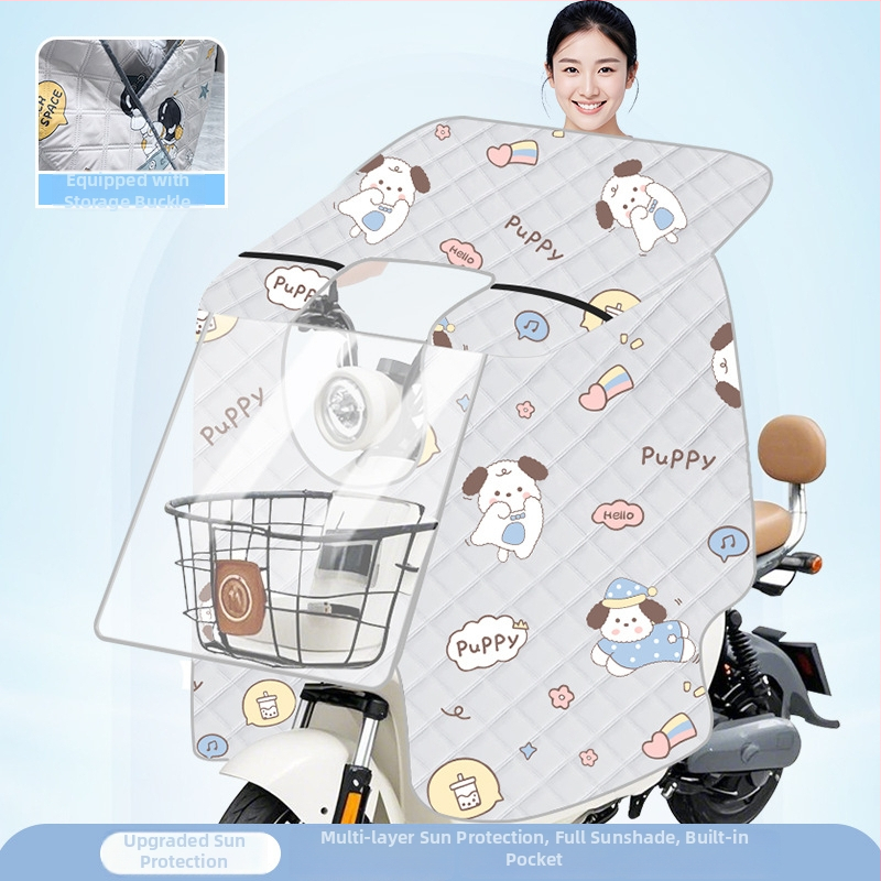 Priehľadný kryt predného skla elektrického bicykla — ochrana proti slnku a vetru