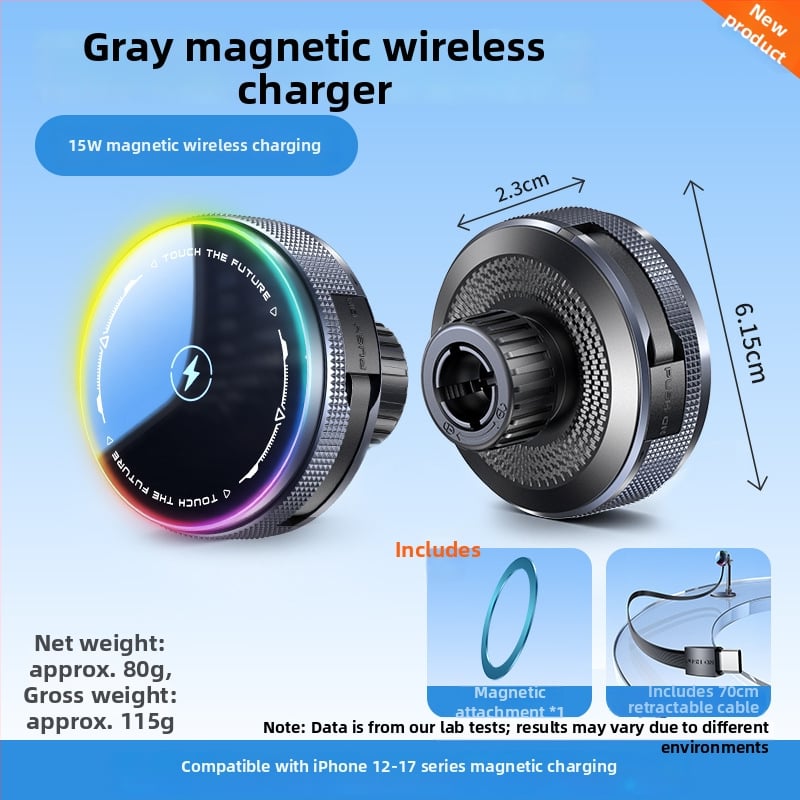 MagSafe безжично автомобилно държател с база с 17 мм сферична глава, 15W бързо зареждане, прибиращ се USB-C кабел, вакуумна чашка за монтиране на табло с клип за въздух, RGB осветление с включване/изключване