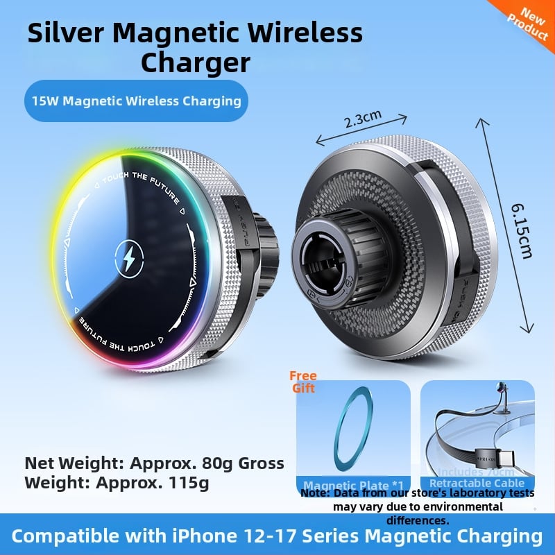 MagSafe безжично автомобилно държател с база с 17 мм сферична глава, 15W бързо зареждане, прибиращ се USB-C кабел, вакуумна чашка за монтиране на табло с клип за въздух, RGB осветление с включване/изключване