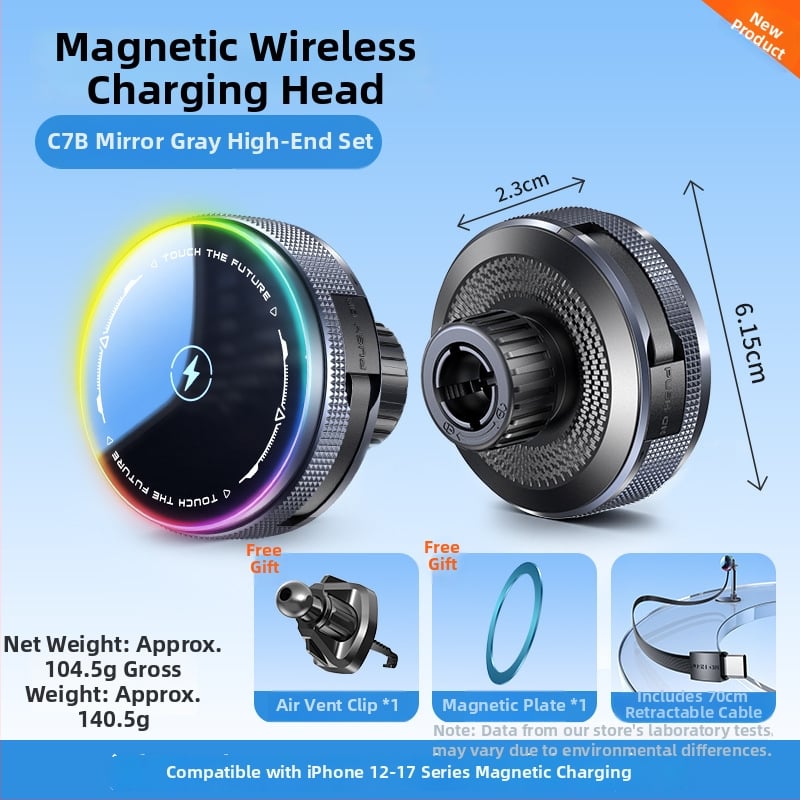 MagSafe безжично автомобилно държател с база с 17 мм сферична глава, 15W бързо зареждане, прибиращ се USB-C кабел, вакуумна чашка за монтиране на табло с клип за въздух, RGB осветление с включване/изключване