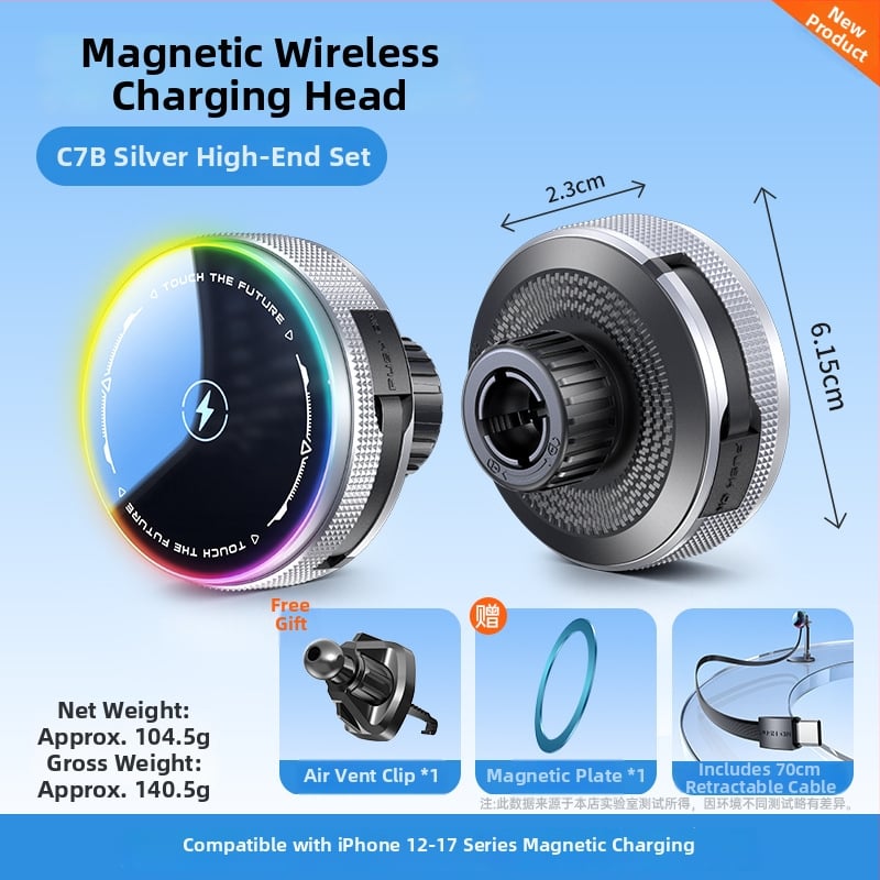 MagSafe безжично автомобилно държател с база с 17 мм сферична глава, 15W бързо зареждане, прибиращ се USB-C кабел, вакуумна чашка за монтиране на табло с клип за въздух, RGB осветление с включване/изключване