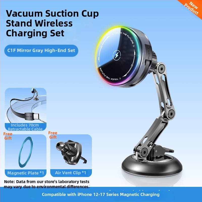 MagSafe безжично автомобилно държател с база с 17 мм сферична глава, 15W бързо зареждане, прибиращ се USB-C кабел, вакуумна чашка за монтиране на табло с клип за въздух, RGB осветление с включване/изключване