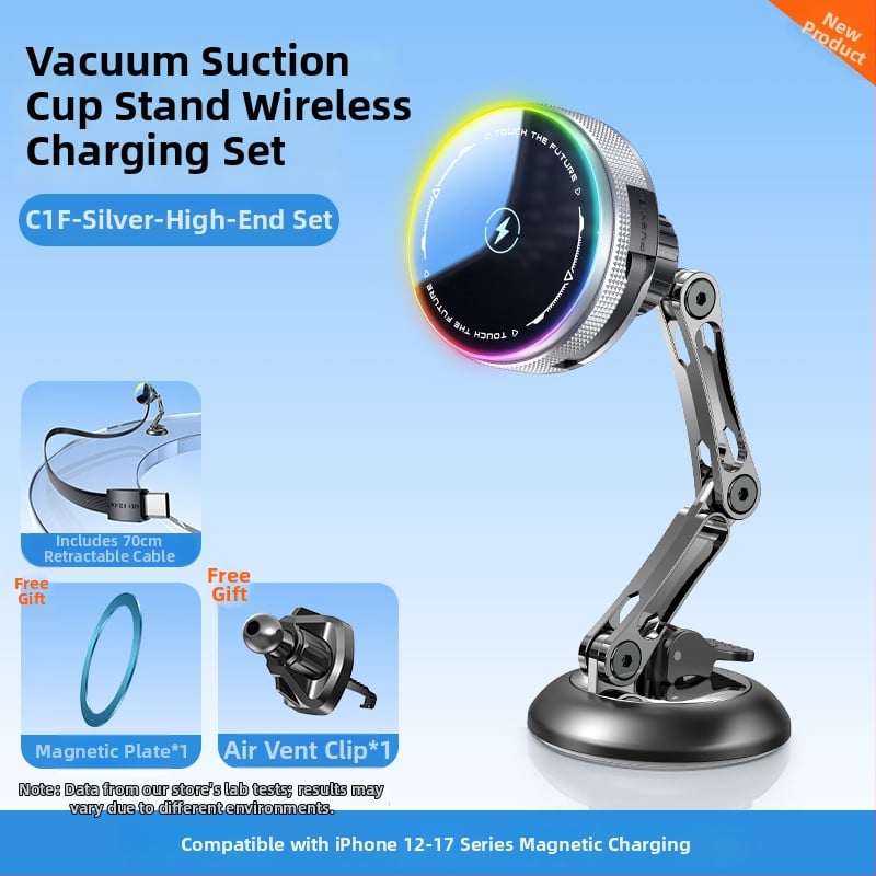 MagSafe безжично автомобилно държател с база с 17 мм сферична глава, 15W бързо зареждане, прибиращ се USB-C кабел, вакуумна чашка за монтиране на табло с клип за въздух, RGB осветление с включване/изключване