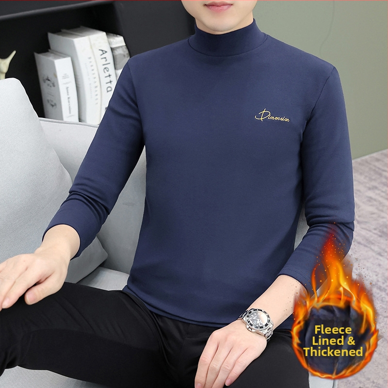 Muški osnovni top s flecom, dugim rukavima, visokim ovratnikom (turtleneck), korejskog stila, pamukasta tkanina s izvezenim detaljima