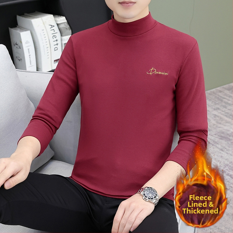 Muški osnovni top s flecom, dugim rukavima, visokim ovratnikom (turtleneck), korejskog stila, pamukasta tkanina s izvezenim detaljima