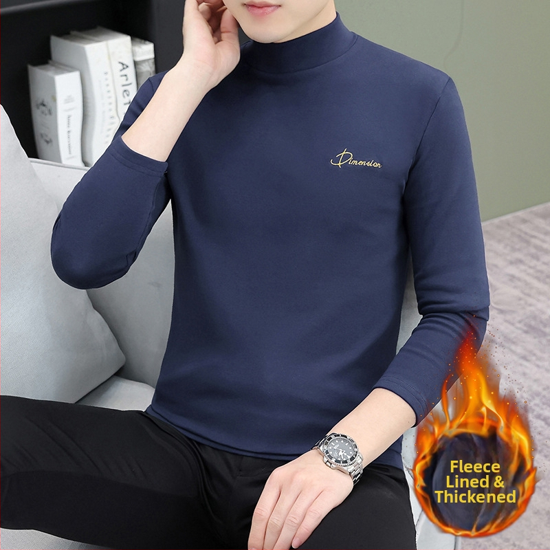 Muški osnovni top s flecom, dugim rukavima, visokim ovratnikom (turtleneck), korejskog stila, pamukasta tkanina s izvezenim detaljima