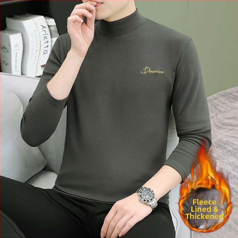 Muški osnovni top s flecom, dugim rukavima, visokim ovratnikom (turtleneck), korejskog stila, pamukasta tkanina s izvezenim detaljima