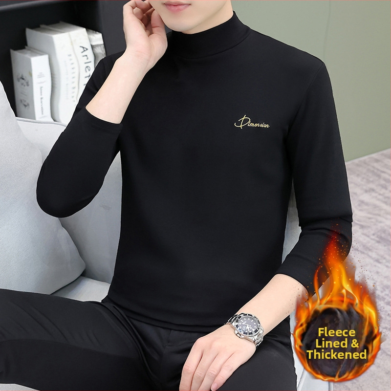 Muški osnovni top s flecom, dugim rukavima, visokim ovratnikom (turtleneck), korejskog stila, pamukasta tkanina s izvezenim detaljima