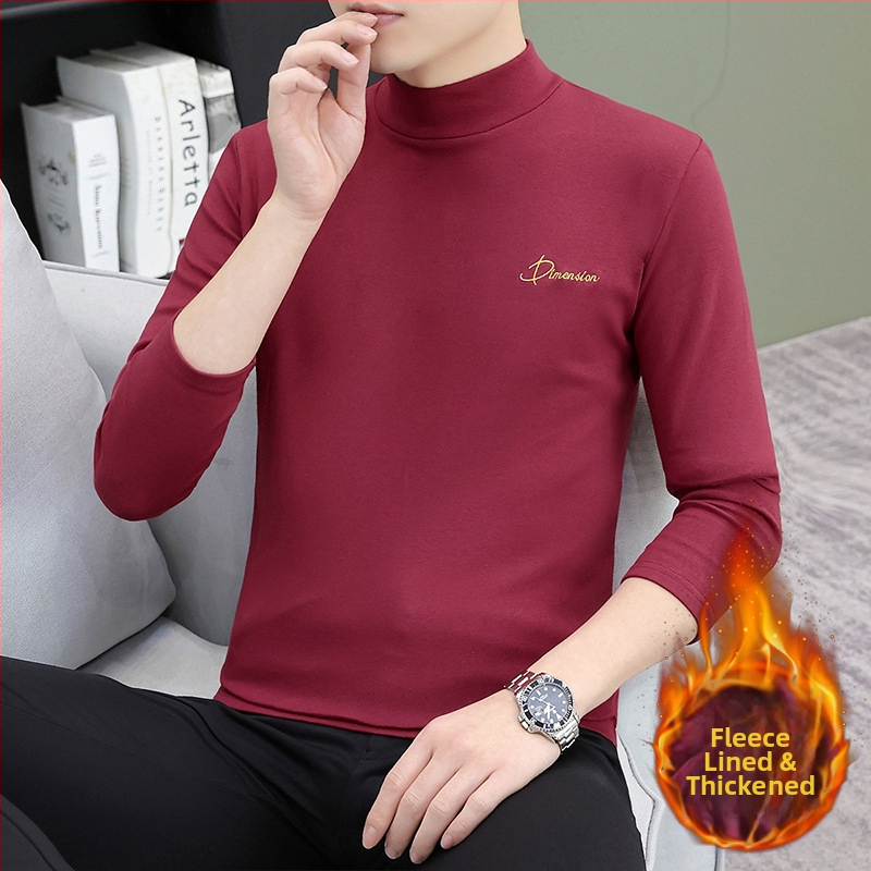 Muški osnovni top s flecom, dugim rukavima, visokim ovratnikom (turtleneck), korejskog stila, pamukasta tkanina s izvezenim detaljima